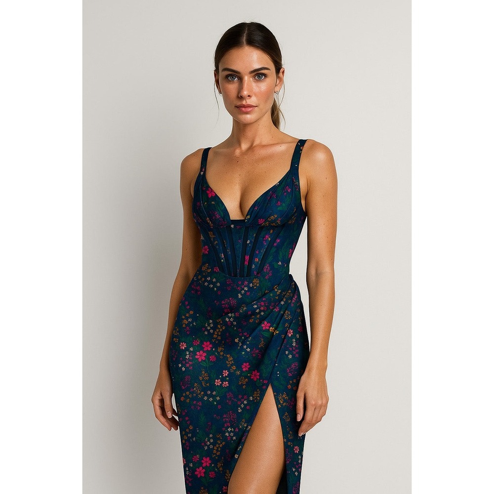 Whisper Nessa Midi Dress Ocean Navy Blue Floral Corset Satin Wrap Small NWT